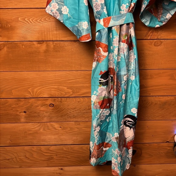 Beautiful Authentic Japanese Vintage Floral Geisha Teal Kimono Robe cotton Japan - Picture 8 of 12